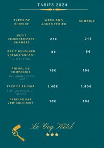 Tarifs 2024 LE COQ HOTEL, hôtel 3 étoiles à Montreuil sur mer. Prix petits déjeuners, animal de compagnie, parking,taxe de séjour...